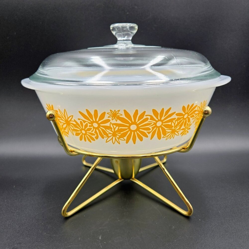 Vintage Glasbake Ovenware Yellow Daisy Casserole 514 Lid Brass Warming Stand Lid